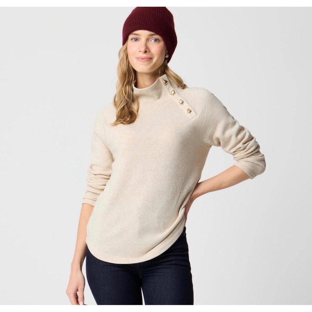 J.Crew Mockneck Button Fleece Sweatshirt Heather Oatmeal AP649 Large NWT